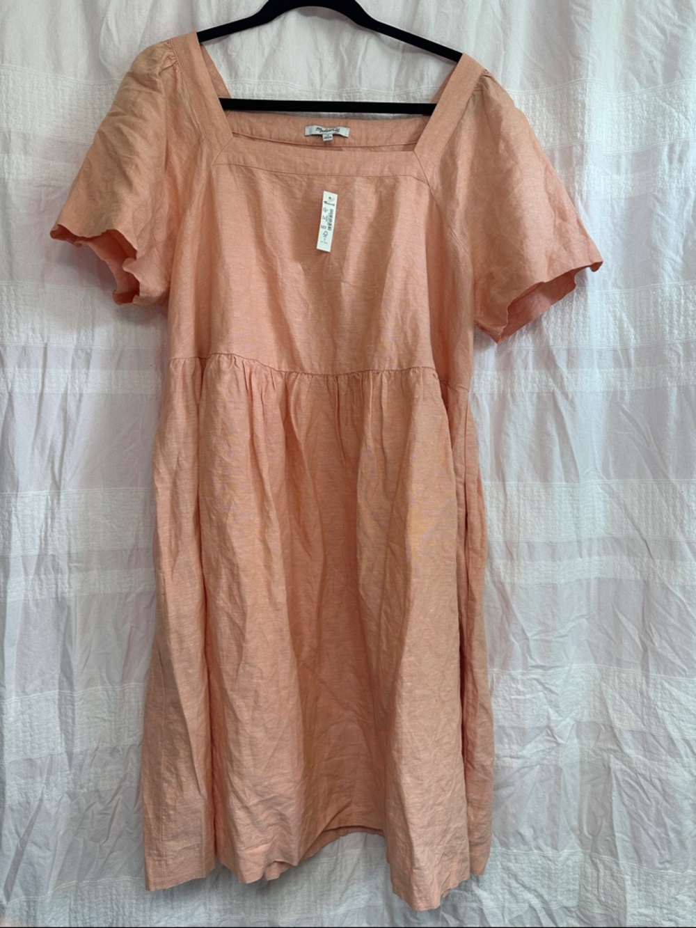 Madewell Peach Linen Square-Neck Short Sleeve Dress